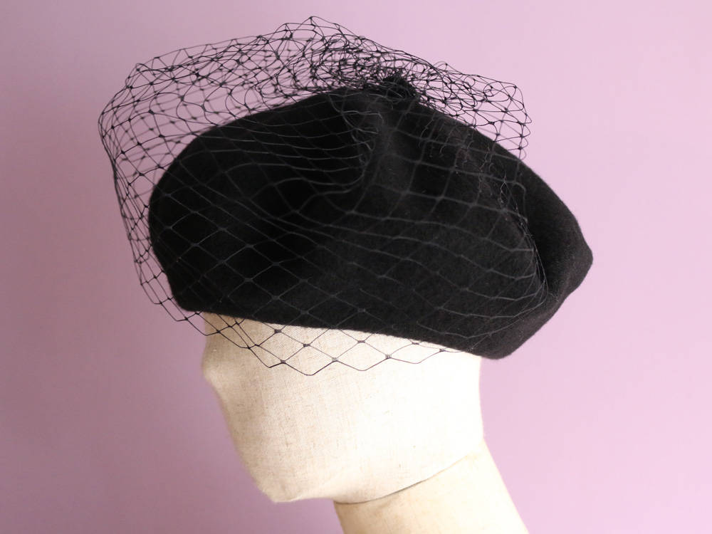 Black Wool Knit Beret with birdcage veiling -Grosgrain
