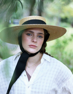 Grosgrain Amal the wide-brimmed natural straw boater hat with chin strap ribbons