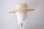 Load image into Gallery viewer, Grosgrain Sisal lace white boater hat with chin straps
