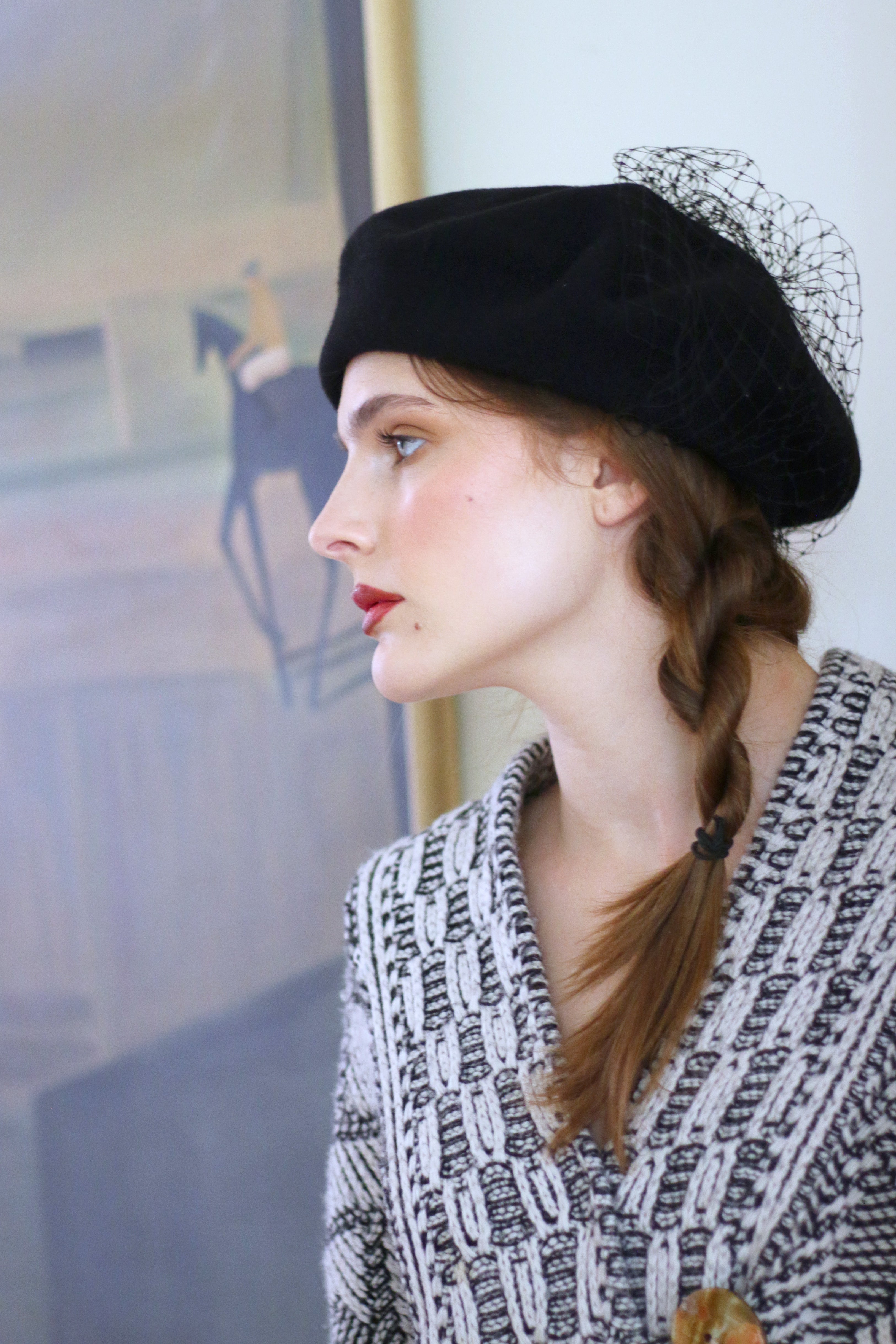 Grosgrain wool knit black beret with veiling