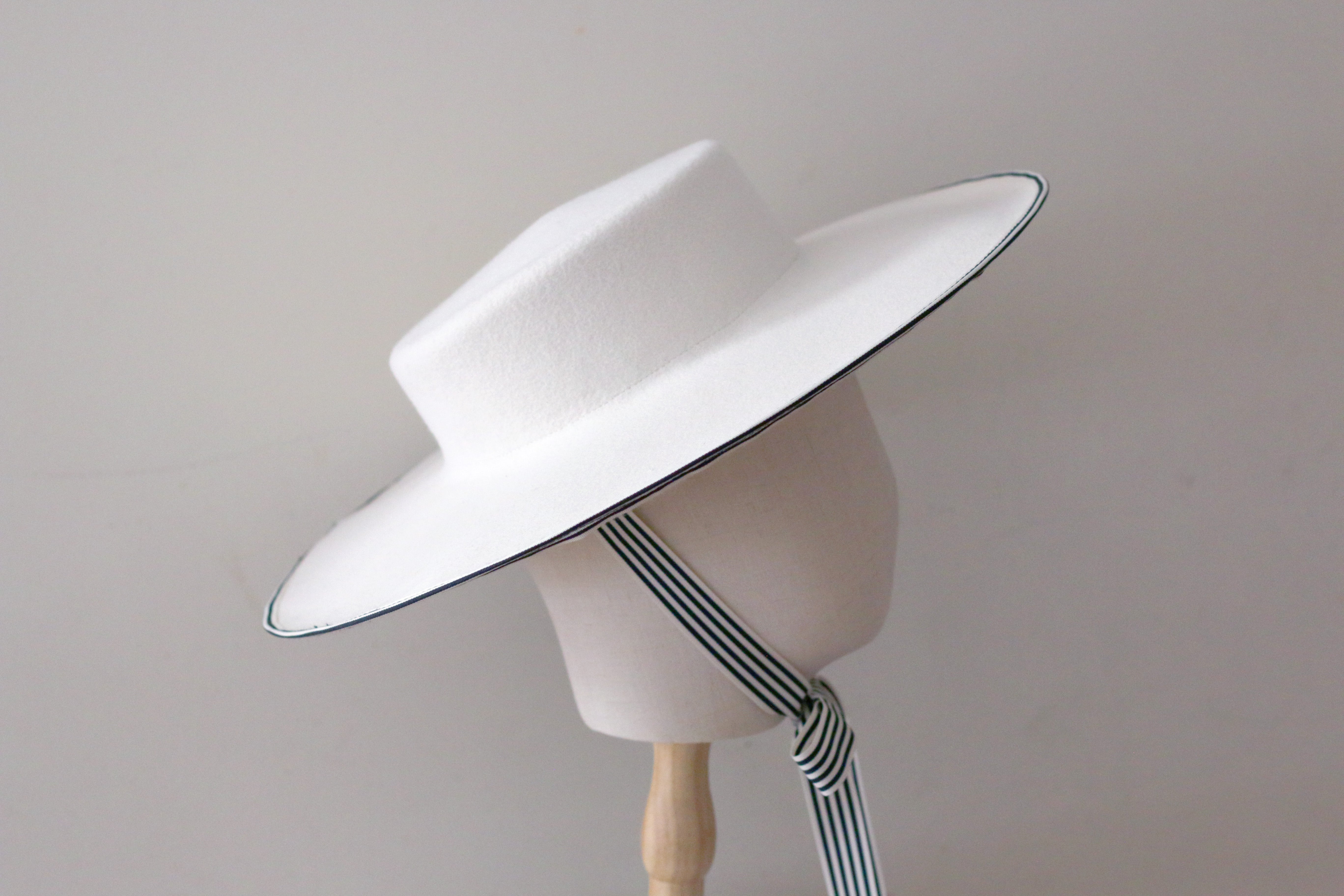 White Wool Felt Boater Hat with striped chin strap ribbons