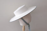 Muat gambar ke penampil Galeri, White Wool Felt Boater Hat with striped chin strap ribbons
