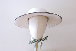 Grosgrain white wool felt wide-brimmed boater  with chin strap ribbons