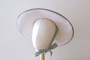 Ready to ship White Wool Felt Boater Hat with striped chin strap ribbons