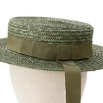 Load image into Gallery viewer, Khaki Green shallow boater hat trimmed with grosgrain authentic straw hat by Grosgrain 　草色のカンカン帽　浅いボーター　ヴィヴィアン　グログラン
