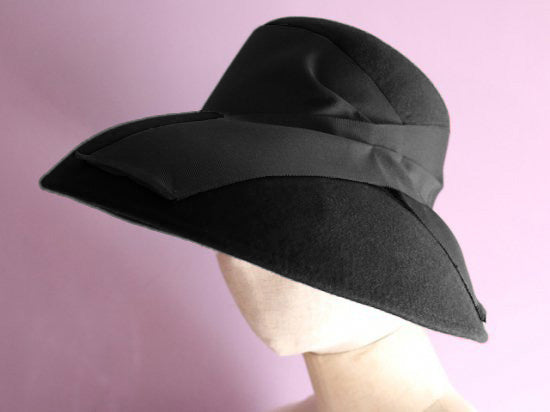 Grosgrain down turned black wool felt hat Audrey Hat Hepburn Hat