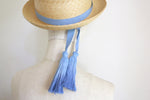 Load image into Gallery viewer, Natural Straw Trilby with a long ribbon with tassels Jean Tassels
