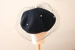 Muat gambar ke penampil Galeri, Pearl dot veiling Black Wool Knit Beret -Grosgrain
