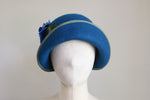 Load image into Gallery viewer, 1920s Inspired Cloche Sea Green with Royal Blue Rose
