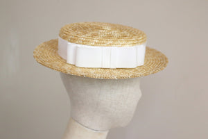 Shallow Straw Boater Hat Vivien White Ribbon
