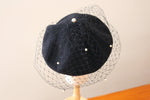 将图片加载到图库查看器，Pearl dot veiling Black Wool Knit Beret -Grosgrain
