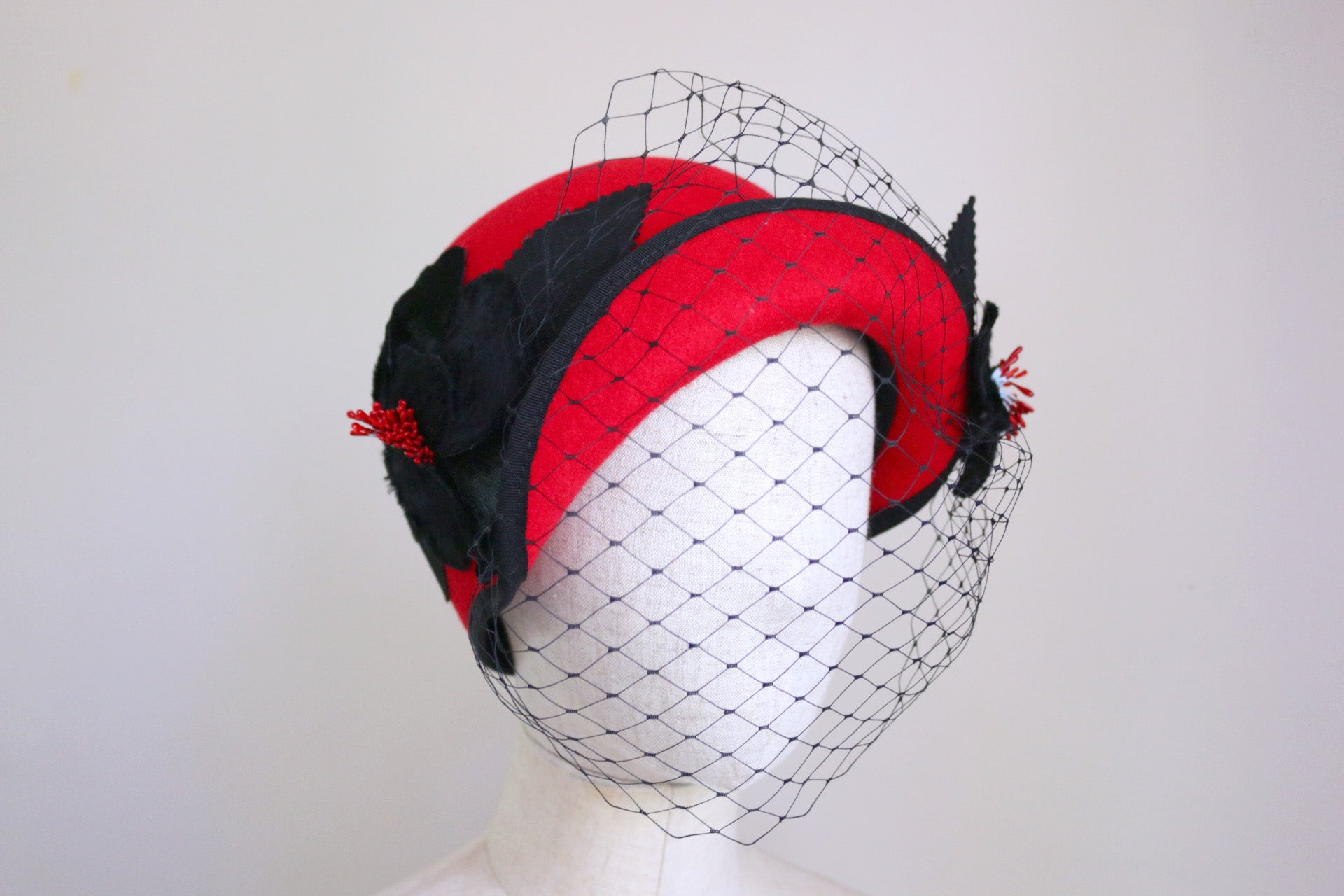 1920s Inspired Scarlet Cloche with Black Roses