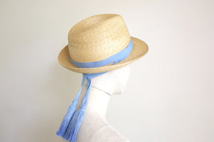 Natural Straw Trilby with a long ribbon with tassels Jean Tassels