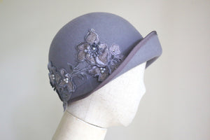 1920s Inspired Cloche Light Grey with Silver Flower