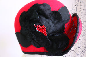 1920s Inspired Scarlet Cloche with Black Roses