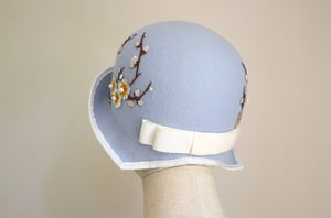 1920s Vintage inspired Cloche in Baby Blue with plum blossoms