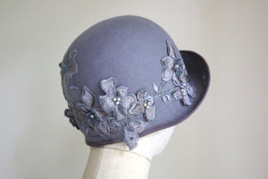 1920s Inspired Cloche Light Grey with Silver Flower