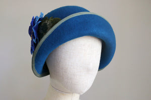 1920s Inspired Cloche Sea Green with Royal Blue Rose
