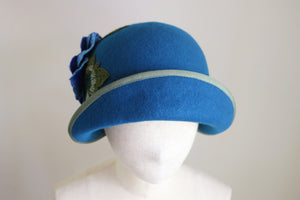 1920s Inspired Cloche Sea Green with Royal Blue Rose