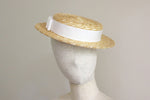 Cargar imagen en el visor de la galería, Shallow Straw Boater Hat Vivien White Ribbon
