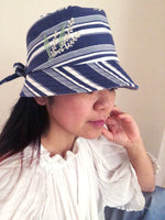 Load image into Gallery viewer, Navy Striped Organic Cotton Bucket Hat with Wattle / Mimosa Embroidery
