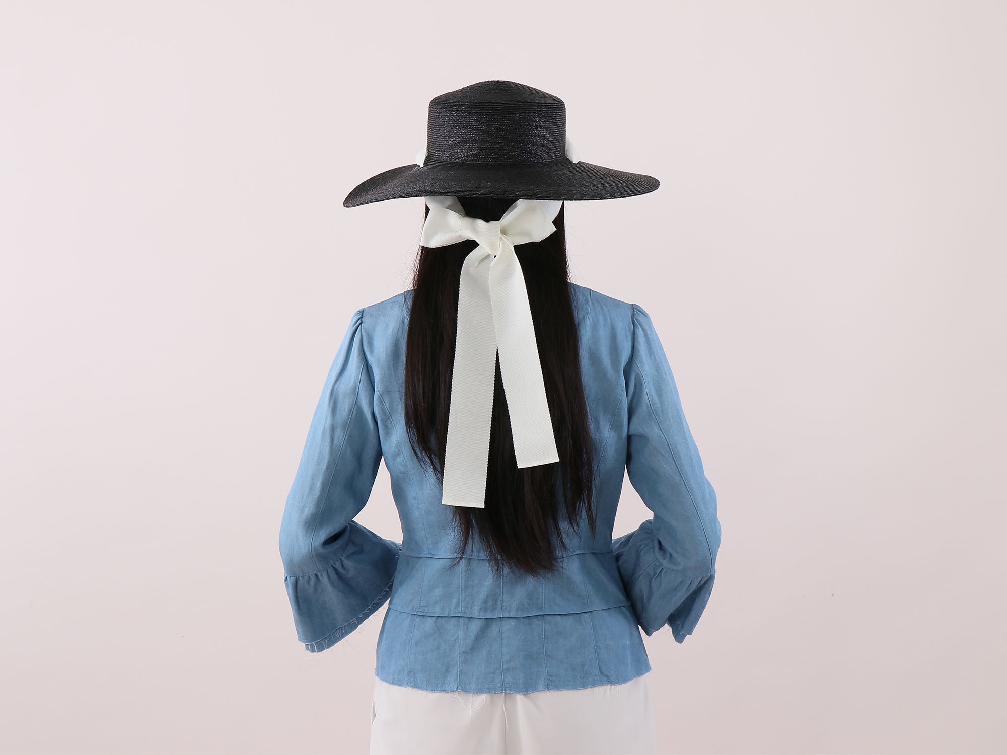 Ready to ship Wide Brimmed Boater Hat with long ribbon Amal Black