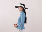 Lade das Bild in den Galerie-Viewer, Ready to ship Wide Brimmed Boater Hat with long ribbon Amal Black
