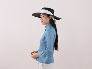 Ready to ship Wide Brimmed Boater Hat with long ribbon Amal Black