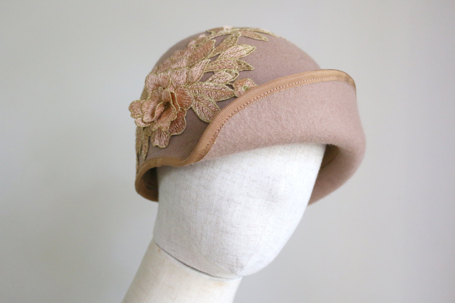 1920s Vintage Inspired Cloche Beige with Gold and deep Shampagne Colour embroidery Applique