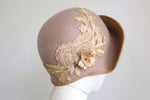 Load image into Gallery viewer, 1920s Vintage Inspired Cloche Beige with Gold and deep Shampagne Colour embroidery Applique
