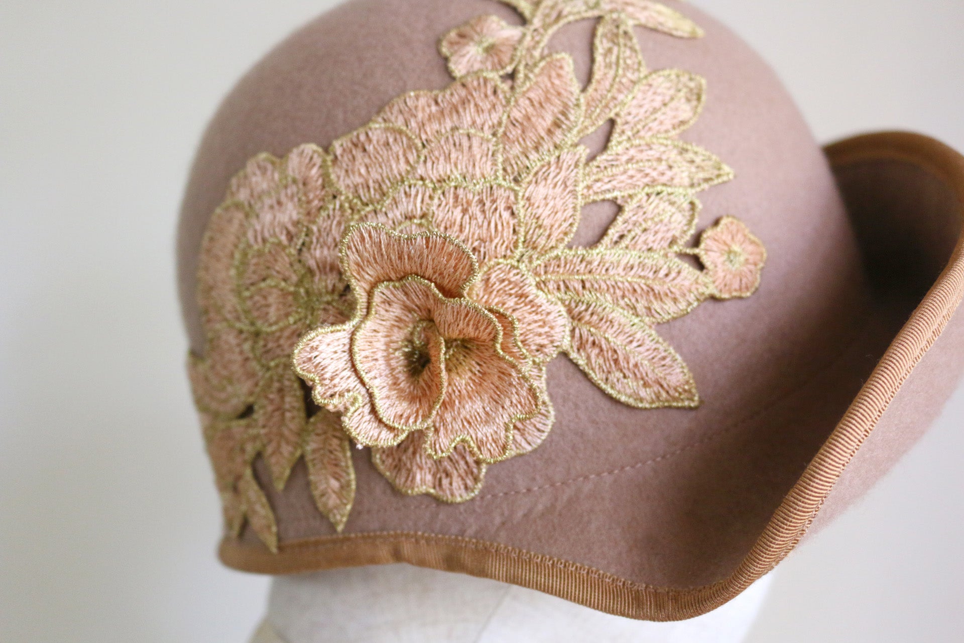 1920s Vintage Inspired Cloche Beige with Gold and deep Shampagne Colour embroidery Applique