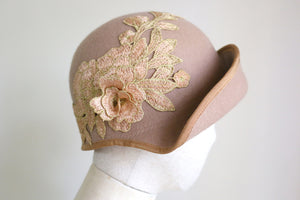 1920s Vintage Inspired Cloche Beige with Gold and deep Shampagne Colour embroidery Applique