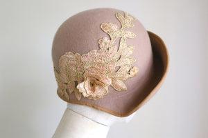 1920s Vintage Inspired Cloche Beige with Gold and deep Shampagne Colour embroidery Applique