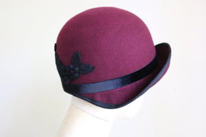 1920s Vintage Inspired Cloche Bordeaux with Black Venice Lace Applique