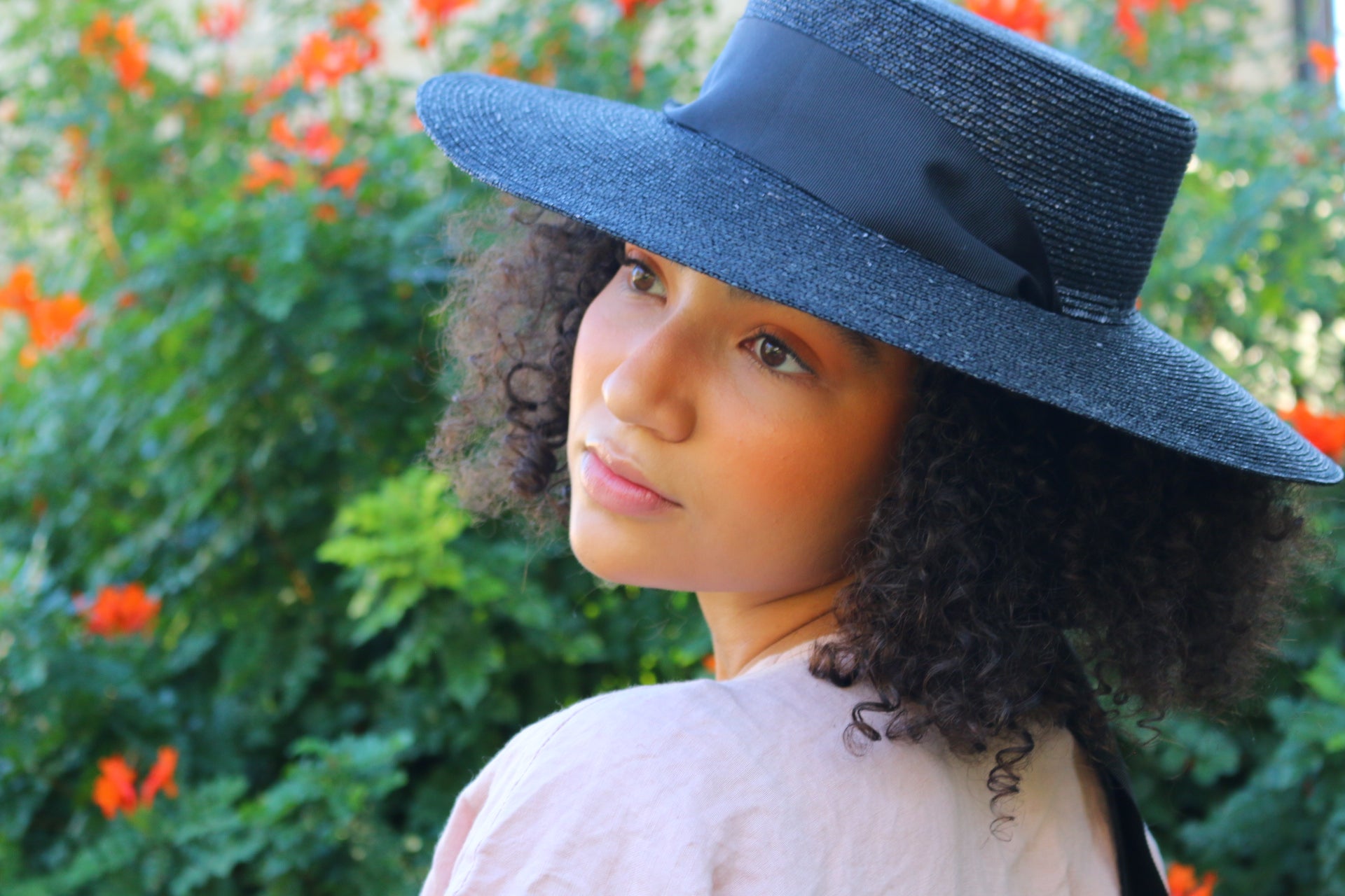 Wide Brimmed Boater Hat with long ribbon "Amal Black"