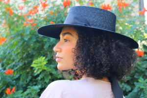 Grosgrain black straw boater with chin straps