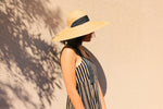 Cargar imagen en el visor de la galería, Grosgrain very wide-brimmed straw hat Adeline brim 17cm with chin strap ribbons
