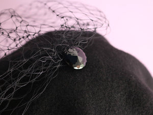 Black Wool Knit Beret with birdcage veiling -Grosgrain