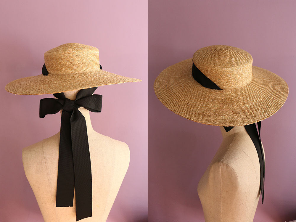 Grosgrain Amal the wide-brimmed natural straw boater hat with chin strap ribbons