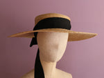 Cargar imagen en el visor de la galería, Grosgrain Amal the wide-brimmed natural straw boater hat with chin strap ribbons
