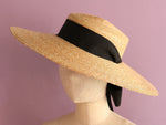 Cargar imagen en el visor de la galería, Grosgrain Amal the wide-brimmed natural straw boater hat with chin strap ribbons
