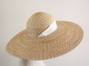 Grosgrain very wide-brimmed straw hat Adeline brim 17cm with white chin strap ribbons