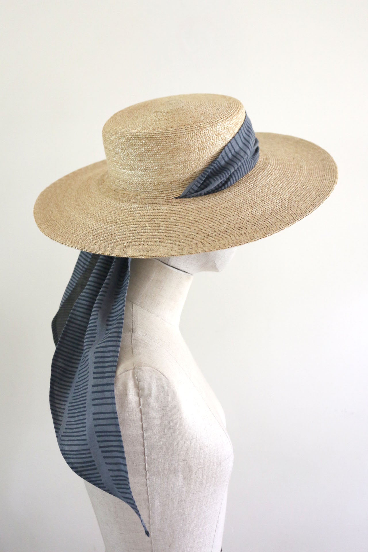 Wide Brimmed Boater with Hand-Printed Scarf
