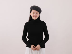 Charcoal wool felt button beret with chin strap ribbons
