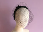 Load image into Gallery viewer, Black Bow &amp; Veiling Headband -Grosgrain
